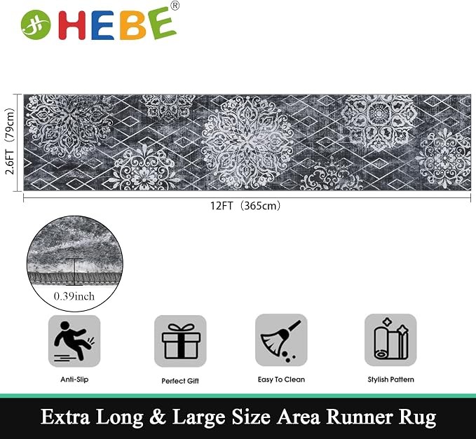 HEBE Hallway Runner Rug 2'8''x12', Washable Non Slip Kitchen Rug Runner | Soft - Image 2