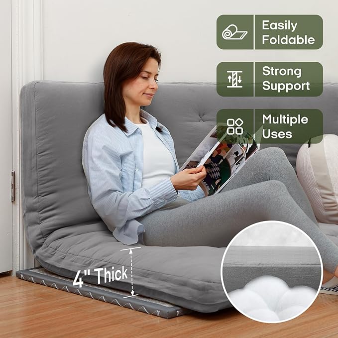 ZonLi Japanese Floor Futon Mattress Full Size 75"x 54", 100% Cotton Cover 4'' Thicken Tatami Mattress, Foldable Sleeping Pad, Portable Dormitory Tatami Mat, Roll Up Floor Lounger Bed for Adult (Grey)