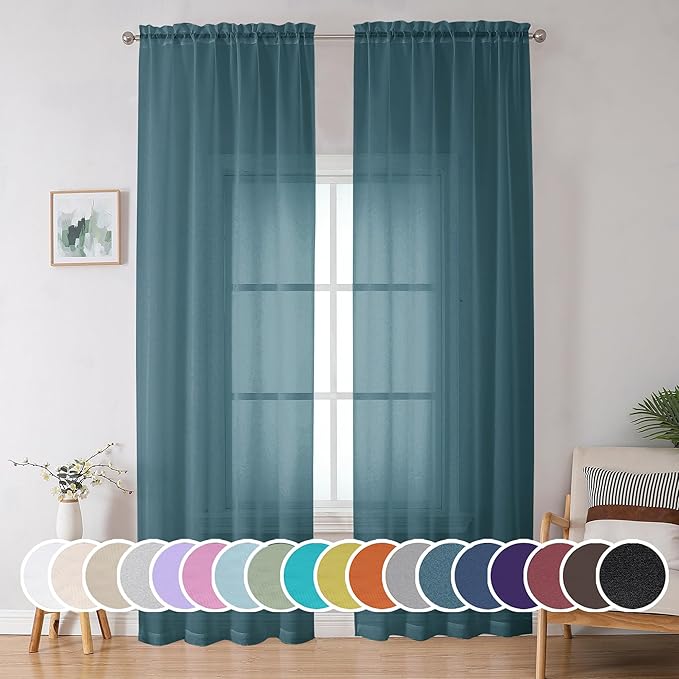 Dusty Blue Sheer Curtains 90 Inches Long 2 Panels Set by OWENIE