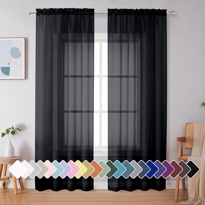 Simplebrand Black Sheer Curtains 90 Inches Long, Light Filtering Rod Pocket by Simplebrand