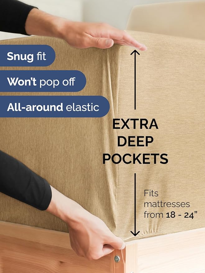 Extra Deep King Sheet Set - 6 Piece Breathable and Cooling Sheets - Hotel Luxury Bed Sheets Set - Easy Fit - Soft, Wrinkle Free and Comfy Sheets Set - Heathered Tan Sheet Set with Extra Deep Pockets