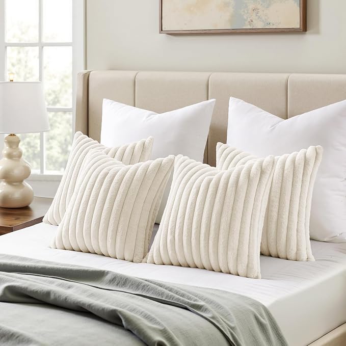 MIULEE Faux Fur Plush Decorative Throw Pillow Covers 20x20, Cream White | Set - Image 6