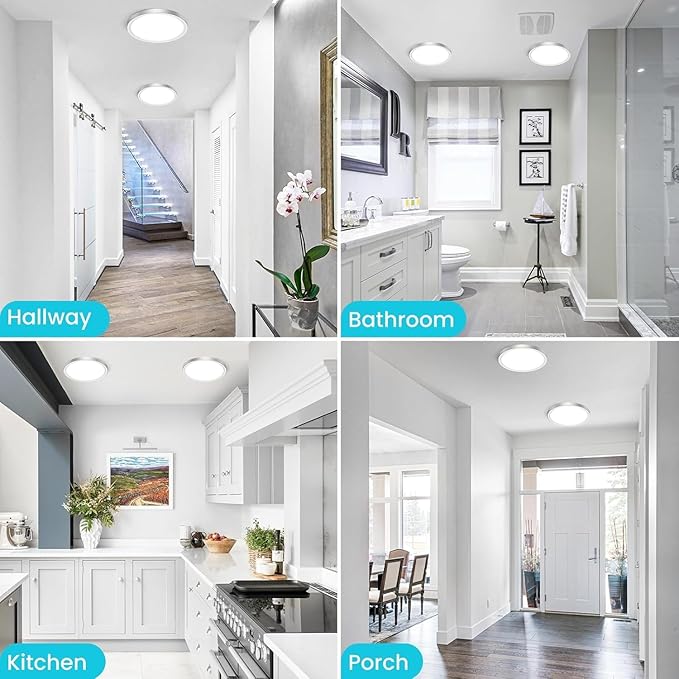 zemty LED Ceiling Light Fixture, 6.5-Inch 12W 1200lm Small Flush Mount Light, Adjustable 3000K 4000K 6500K Color Temperatures, Round Flat Recessed Lighting for Kitchen Closet Hallway Laundry, Nickel