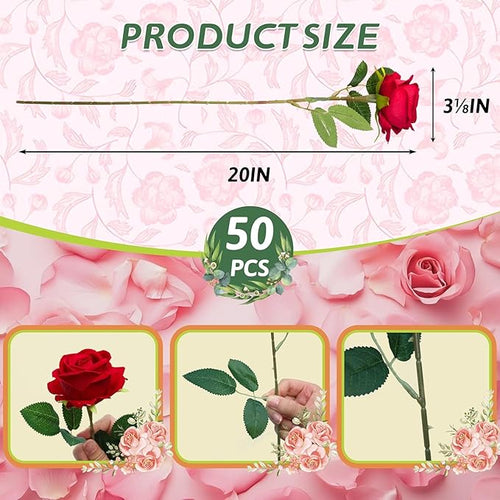 100 PCS Fake Red Roses, Artificial Red Flowers Bulk Realistic Silk Faux Rose with Stems for Wedding Decoration Anniversary Bridal Bouquet DIY Floral Arrangement Romantic Home Decor Gifts
