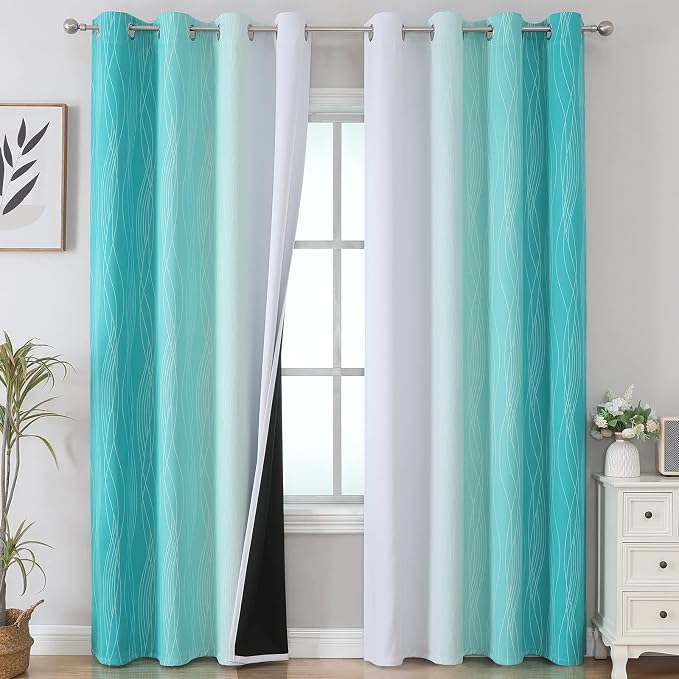 Teal and Grayish White Ombre Blackout Curtains Living Room 108 Inches Long | by ESTELARTEXTILER