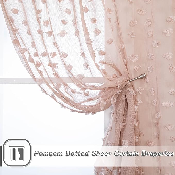 MYSKY HOME Pom Pom Pink Sheer Curtains for Bedroom Girls Room Dusty Rose Curtains for Nursery Kids Light Filtering Boho Window Drapes, Rod Pocket, 52 x 95 Inches, 2 Panels