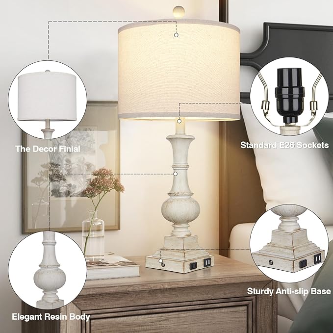 26" Farmhouse Table Lamps Set of 2, Rustic Touch Control Bedside Lamps with 2 USB Ports & AC Outlet, Vintage White Resin 3-Way Dimmable Nightstand Lamp Linen Fabric Shade for Living Room Bedroom Decor