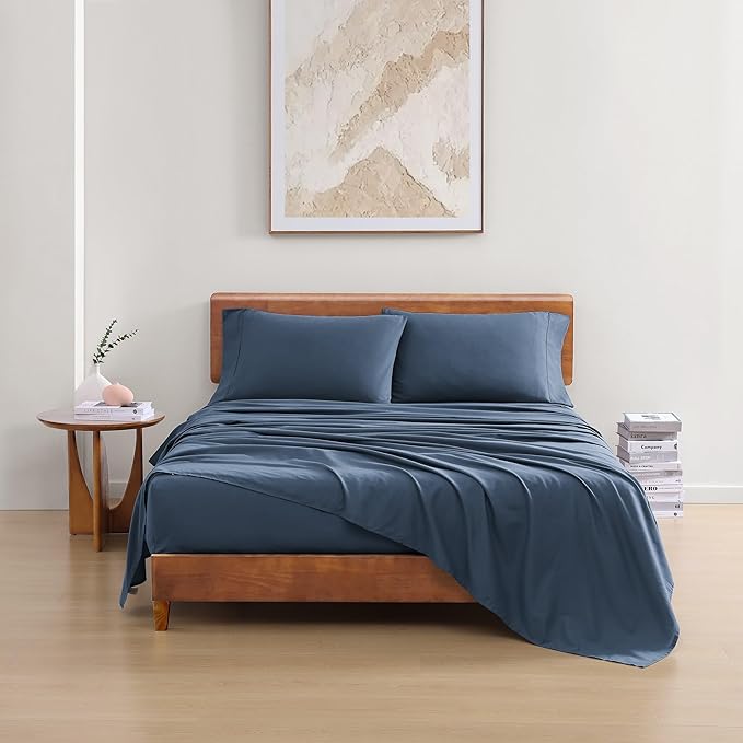 LANE LINEN Eco Friendly 100% Organic Cotton Fully Elasticized Full Sheet Set, Low Pilling Fade Resistant Machine Washable Naturally Cooling Full Bed Sheets, Soft & Comfy Cotton Bedding- Navy