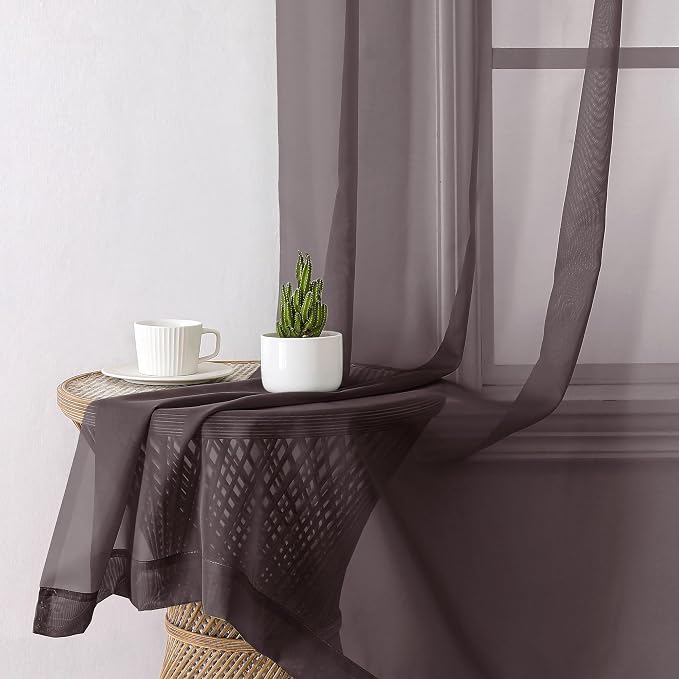 Sheer Curtains 63 Inch Length 2 Panels Set, Chocolate Window Curtains - Image 3