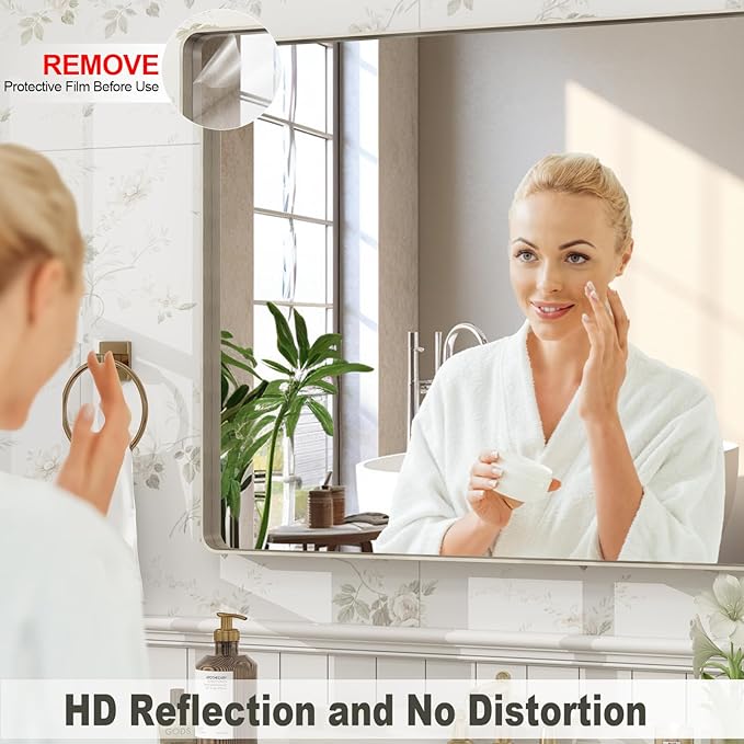 24x36 Inch Brushed Nickel Bathroom Mirror, Brushed Silver Metal Framed Wall Mirror, Rounded Corner Rectangle Vanity Mirror, Tempered Glass, Anti-Rust, Shatterproof (Horizontal/Vertical)