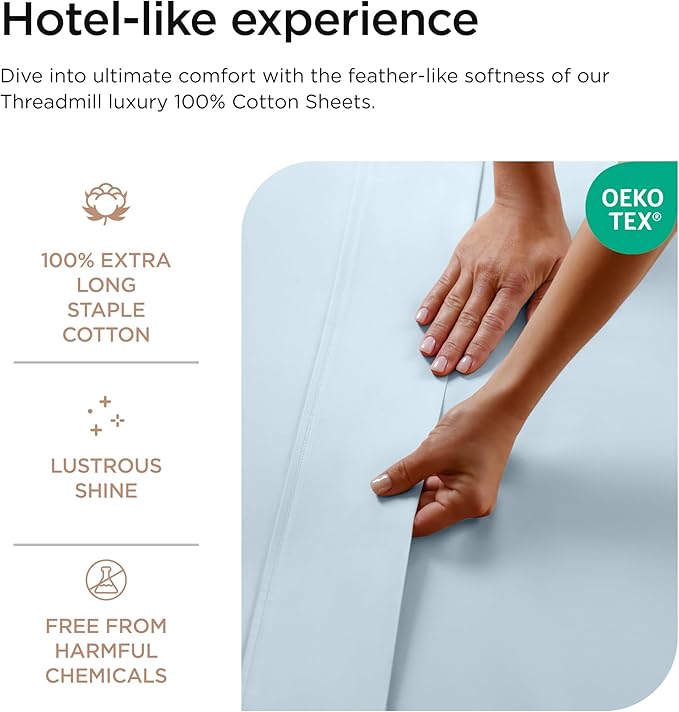 Threadmill Luxury 800 Thread Count Full Size 100% Cotton Sheets - Light Blue Sateen Weave Bed-Sheets, Better Than Egyptian Cotton, 4 Pc Solid Bedding Set, Fits 16" Deep Pocket