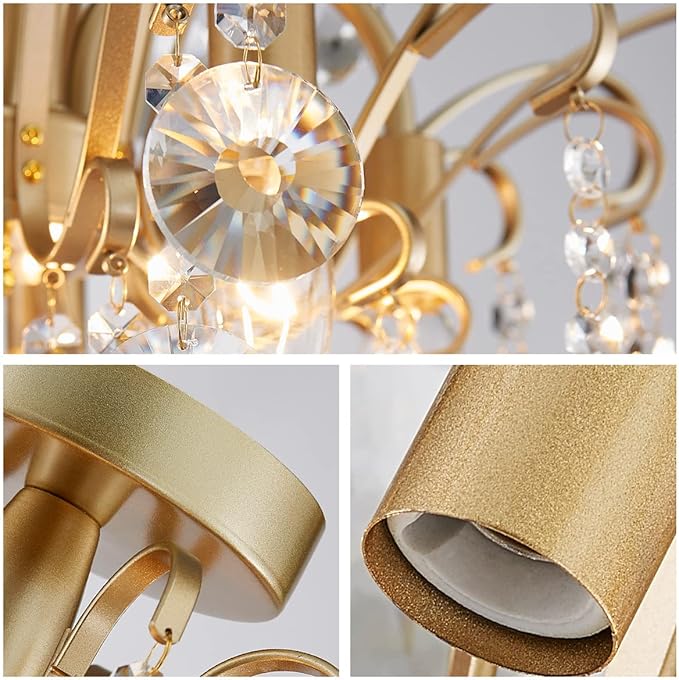 WUZUPS Crystal Chandelier Flushmount Ceiling Light Modern Lighting Fixture for Bedroom Hallway Bar Kitchen Bathroom, H 17.5'' x W 19.3'', E12 Base, Gold