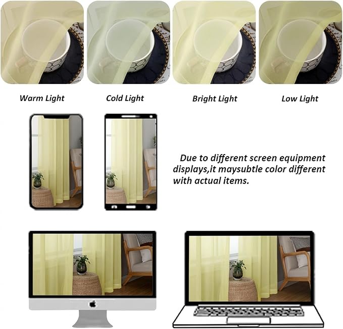 Chyhomenyc Light Yellow Sheer Curtains 84 Inches Long, 2 Panels | Light - Image 4