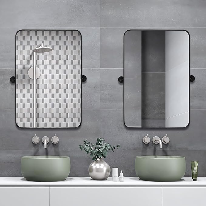 24" x 36" Pivot Rectangle Bathroom Mirror Tilting Beveled Black Metal Framed Vanity Mirrors for Wall, Tempered Glass