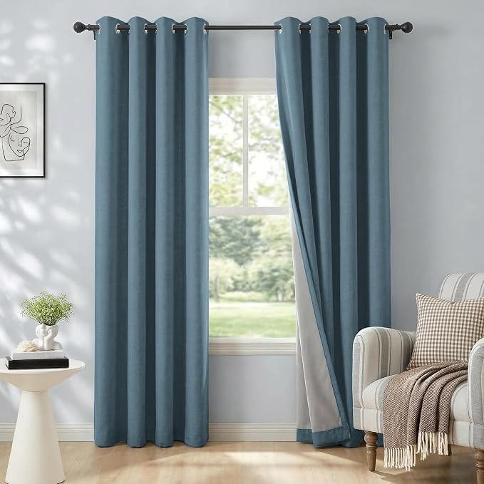 100% Blackout Linen Textured Curtains 84 Inch Long, Stone Blue | 100% Blackout by 100BlackoutShield