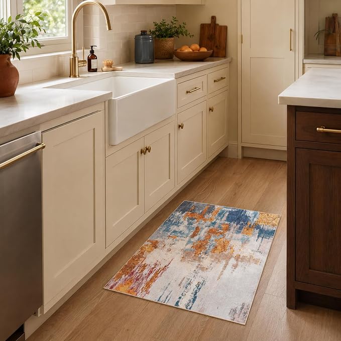 Entrance Rugs Indoor 2x3 Orange Blue Entry Rug Washable Abstract Small Area Rug - Image 4