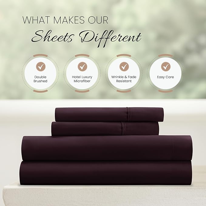 Linen Market Double-Brushed Microfiber Full Sheet Set 4 Piece – Oeko-TEX Certified Ultra Soft & Wrinkle-Free - 16" Deep Pocket Sheets - Easy Care Full Size - Purple