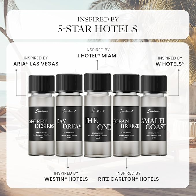 Scentiment Hotel Diffuser Oil Discovery Kit | Inspired by Elite Five Star & Luxury Hotel Scents | Aromatherapy Oils with Notes of Cardamom, Tuscan Leather, and Sandalwood (20ml, Top 5 Scents)