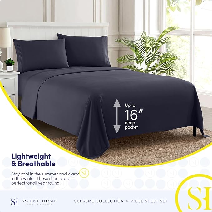 RV Queen Bed Sheets - Breathable Luxury Sheets with Full Elastic & Secure Corner Straps Built In - 1800 Supreme Collection Extra Soft Deep Pocket Bedding Set, Sheet Set, RV Short Queen, Navy