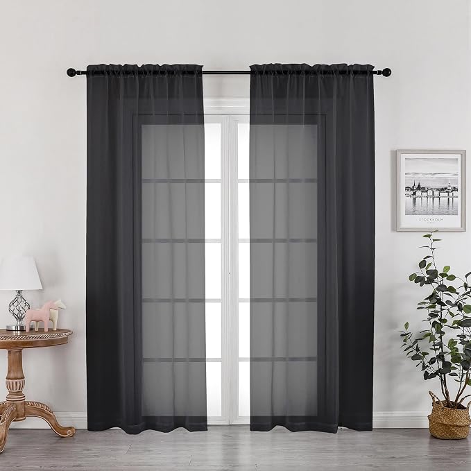 Black Sheer Curtains, Sheer Curtains 78 inch Length 2 Panels Set, Rod Pocket by OWENIE