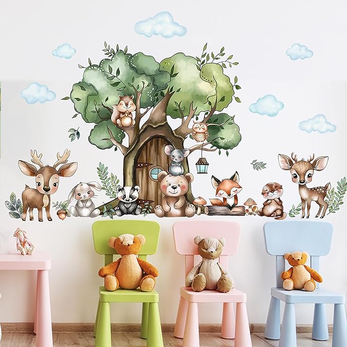 Jungle Animal Wall Stickers Forest Safari Wall Decals Kid Room Nursery Baby Bedroom Décor (Tree House Animals)