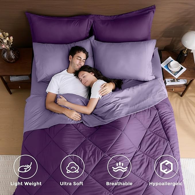 HEVUMYI Purple & Light Purple Cali-King Comforter Set - 7-Piece All Season Bed in a Bag Cali-King, Ultra Soft Bedding Set with Comforter, Flat Sheet, Fitted Sheet, Pillowcases, Pillow Shams
