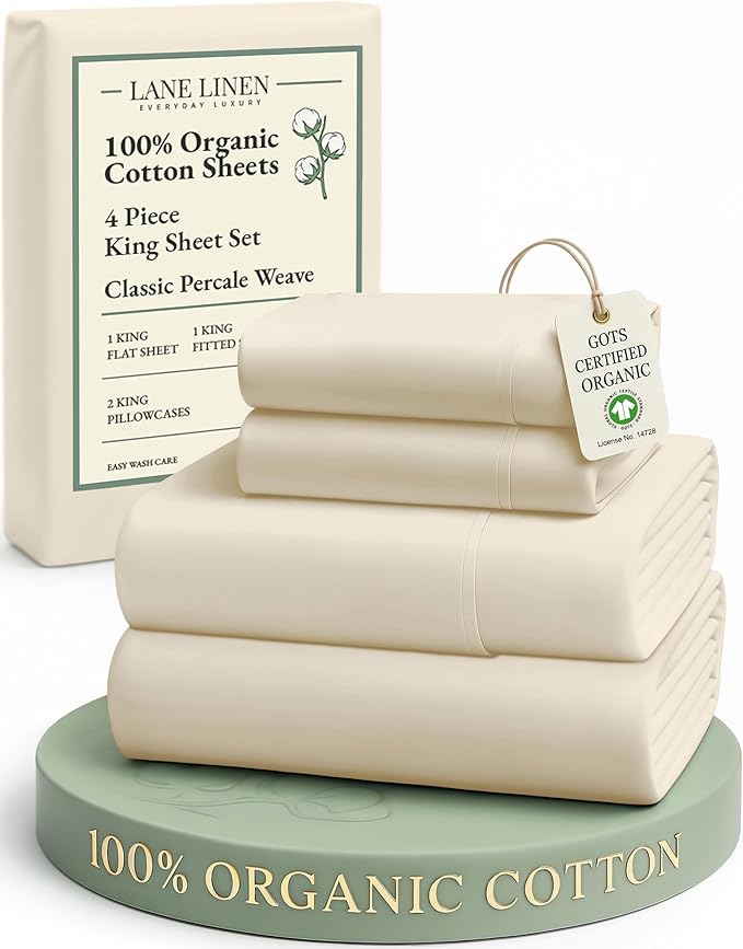 LANE LINEN 100% Organic Cotton Sheets King Size - 4 Pc Bed Sheets King Size, Soft & Breathable Cotton Sheets Set, Percale Sheet & Pillowcase Sets, deep Pocket Sheets Set - Natural