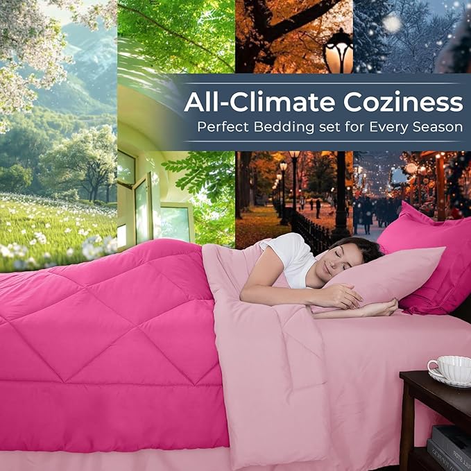 HEVUMYI Hot Pink & Baby Pink Full Comforter Set - 7-Piece All Season Bed in a Bag Full, Ultra Soft Bedding Set with Comforter, Flat Sheet, Fitted Sheet, Pillowcases, Pillow Shams