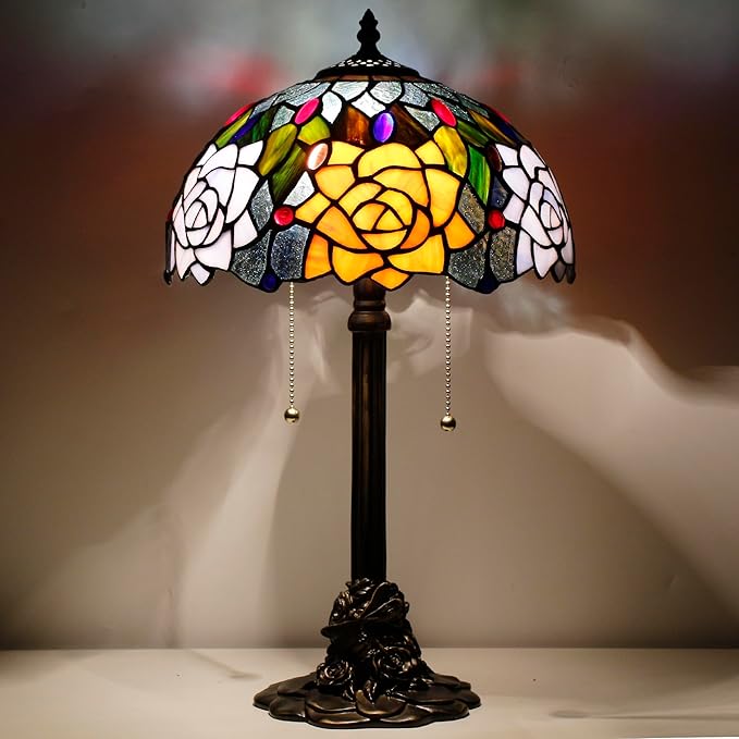 Tiffany Stained Glass Table Lamp 12X12X21Inch Resin Base Desk Bedroom Living Room Reading Light (Purple Orange Rose Flower)