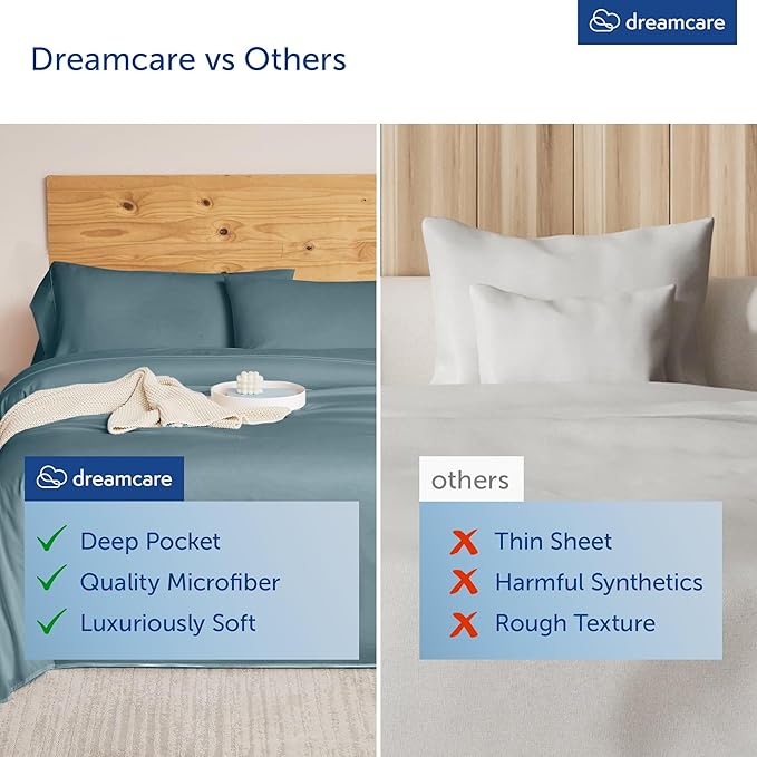 DREAMCARE Queen Sheet Set – 6 pcs Cooling Bed Sheets – up to 21” Deep Pocket Queen Sheets Set – 2500 Supreme Collection – Extra Soft 100% Brushed Microfiber Hotel Luxury with Side Pocket -Mineral Blue
