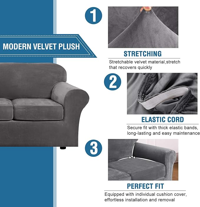 H.VERSAILTEX Real Velvet Plush 3 Piece Stretch Sofa Covers Couch Covers - Image 3