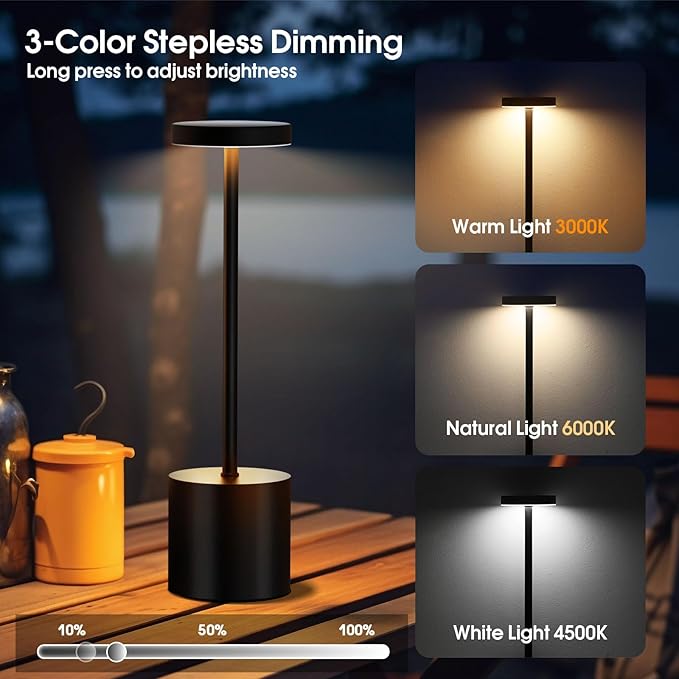 Cordless Table Lamp – 2 Pack Rechargeable Table Lamps, 5000mAh Battery Operated Lamp with 3-Color Dimmable Light, Outdoor Table Lamp for Bedroom, Restaurant, Patio, Home Décor (Black)