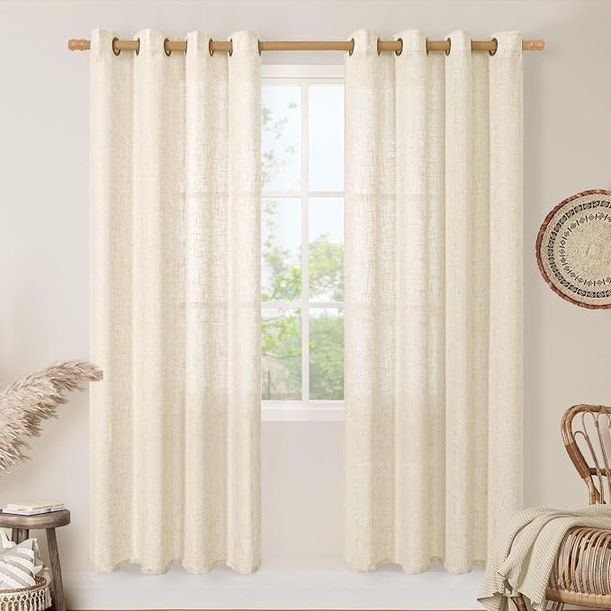 Semi Sheer Linen Curtains for Living Room 80 Inch Length 2 Panels | Beige by LAMIT