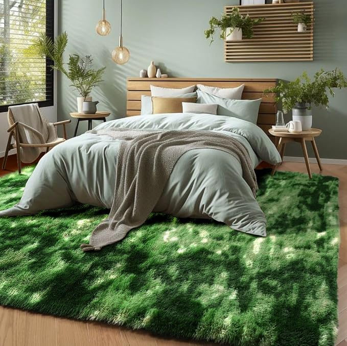 Fluffy Moss Green Rugs for Living Room 5x8, Modern Bedside Forest Carpets | - Image 8