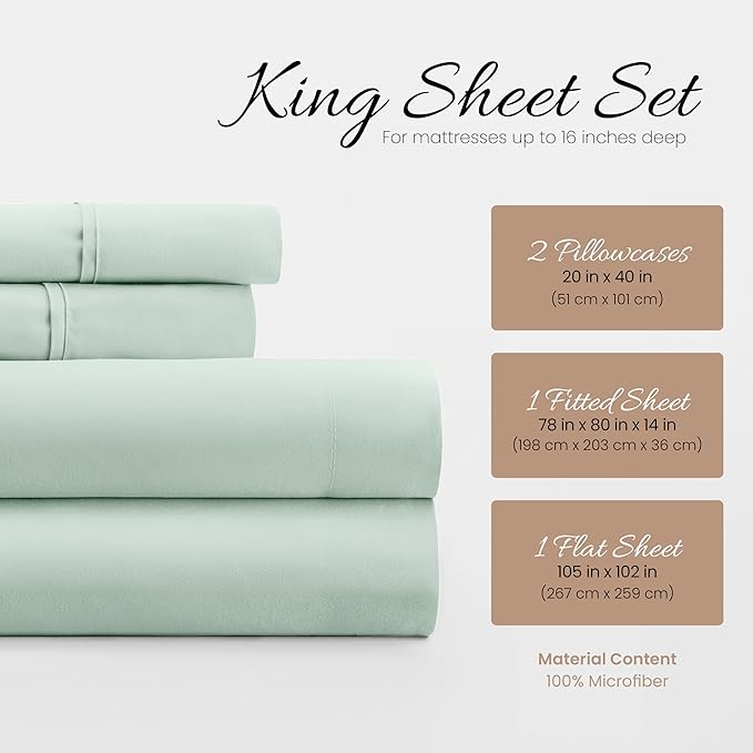 Linen Market Double-Brushed Microfiber King Sheet Set 4 Piece – Oeko-TEX Certified Ultra Soft & Wrinkle-Free - 16" Deep Pocket Sheets - Easy Care King Size - Mint