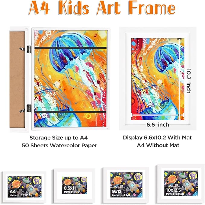 KINLINK A4 Kids Art Frames Set of 2, Solid Wood Kids Artwork Frames Changeable with Acrylic Front Opening Holds 150 Pictures 8.3x11.7, Art Frame for Kids Artwork with Mat or without Mat, White