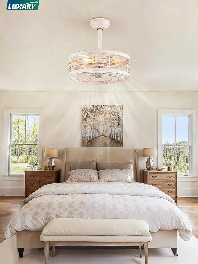 LEDIARY 16.5in Caged Ceiling Fan with Light, Fandelier Industrial Ceiling Fan with Remote, Rustic Metal Fan Lights Ceiling Fixtures for Kitchen, Farmhouse, Bedroom（6 Speed, Timing）-White and Gold