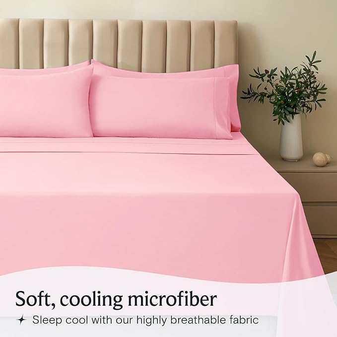 LuxClub 4 PC Sheet Set Bed Sheets Deep Pockets 16" Eco Friendly Wrinkle Free Cooling Machine Washable Hotel Bedding Silky Soft - Baby Pink Queen