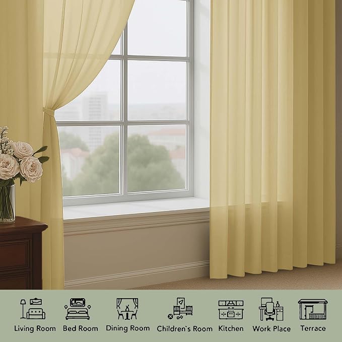 Sheer Gold Curtains, Sheer Curtains 63 inch Length 2 Panels Set, Rod Pocket - Image 3