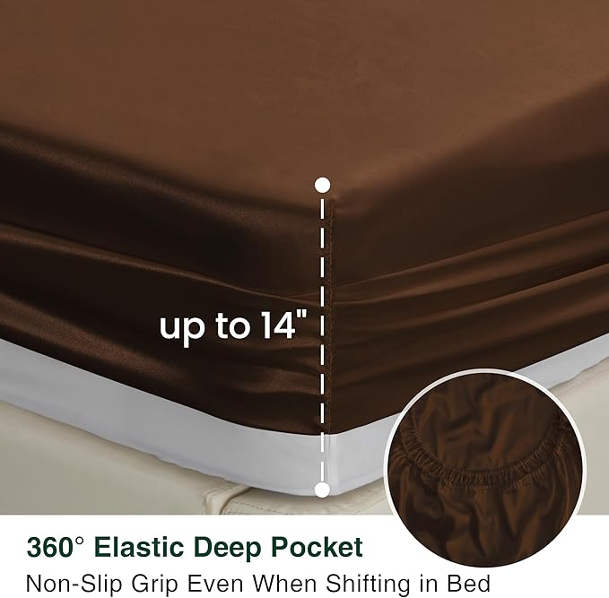 Love's cabin Twin XL Satin Sheet Sets - 3 Piece Brown Silky Bed Sheets with Deep Pockets, Luxury Silk Feel Satin Sheet Set Twin XL (1 Flat Sheet,1 Fitted Sheet,1 Pillow case)
