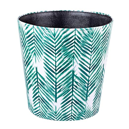 Paper Wastebasket Without Lid PU Leather Round Decorative Trash Bin Garbage Can Dustbin for Hotel Dormitory Kitchen Bedroom Bathroom Office Green Leaves