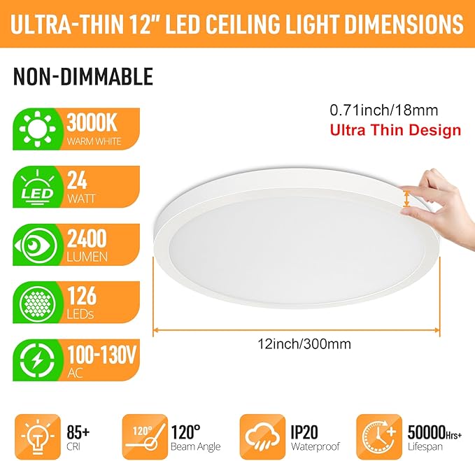 SunRider 2-Pack LED Flush Mount Ceiling Light Fixture, 3000K Warm White, 2400LM, 12 Inch 24W 240W Equiv. Round Flat Ceiling Lights, Non-Dimmable