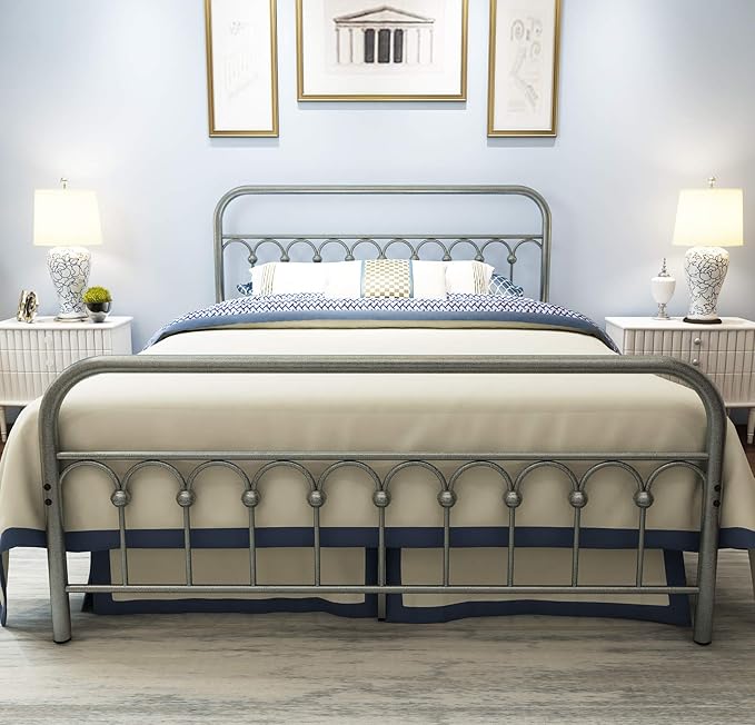 TUSEER Metal Bed Frame Queen Size with Vintage Headboard and Footboard Platform Base Wrought Iron Bed Frame Gray Silver (Queen, Gray Silver).