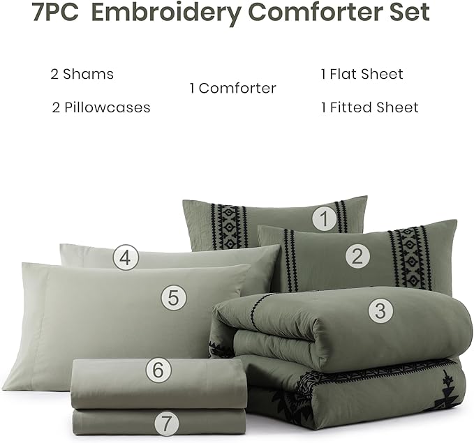 MaiRêve Embroidery Comforter Sets King Size Olive Green - 7 Pieces, Farmhouse Western Bedding Comforter Set, All Season Bed in A Bag King with Sheets, Comforters, Pillowcases & Shams