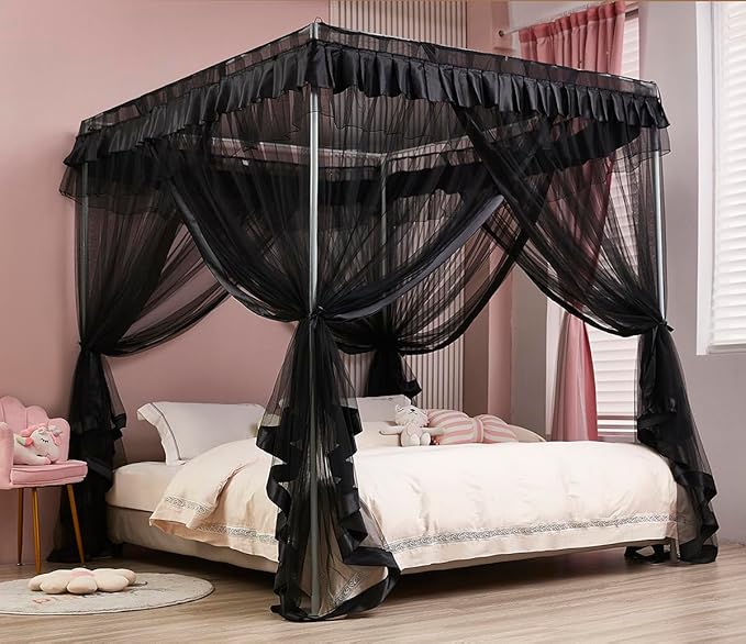 Mengersi Canopy Bed Curtains Bed Canopy Royal Luxurious Cozy Drapes Netting- Elegant Bed Sheer Bedroom Decoration Accessories for Adults,Black,California King