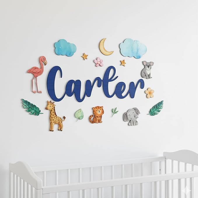 Custom Nursery Name Sign with Themed Decor Kit | Personalized Wooden Wall Art for Baby, Kids Room | Space, Jungle, Circus, Under The Sea, Woodland, Rainbow (40", Jungle/Safari)