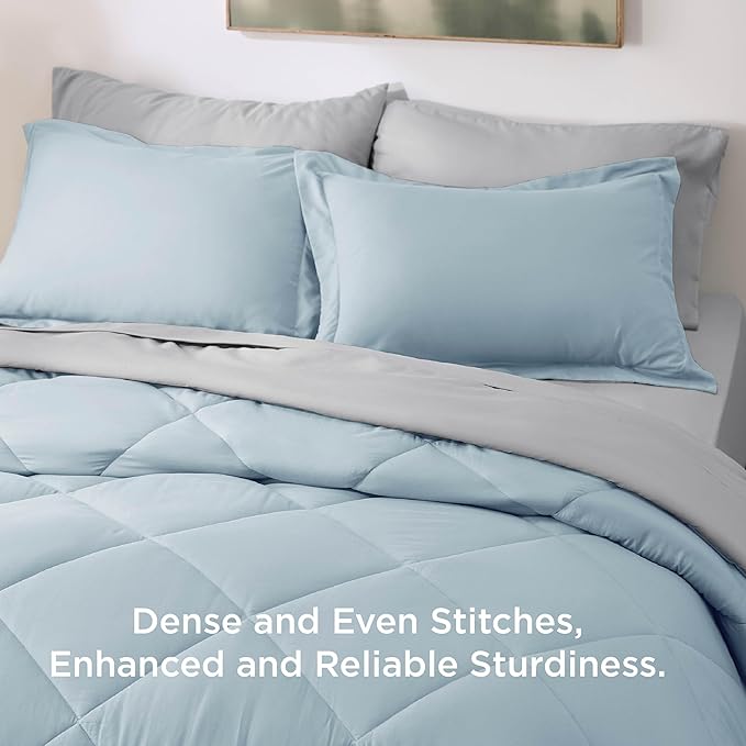 Bedsure Queen Comforter Set - 7 Pieces Reversible Sky Blue Bedding, Queen Size Bed Set for All Seasons, Bed in a Bag with Down Alternative Comforter, Sheets, Pillowcases & Shams