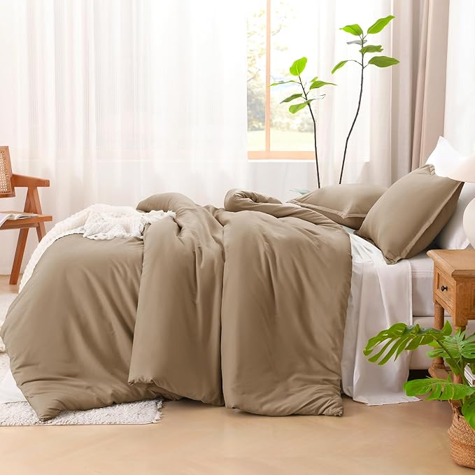Litanika Comforters Taupe Super King Size, 3 Pieces Lightweight Solid Bedding Set & Collections, All Season Fluffy Bed Set (120x120In Comforter & 2 Pillowcases)