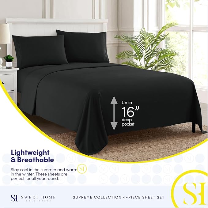 Split King Sheets - Breathable Luxury Sheets with Full Elastic & Secure Corner Straps Built In - 1800 Supreme Collection Extra Soft Deep Pocket Bedding Set, Sheet Set, Split King Size, Black