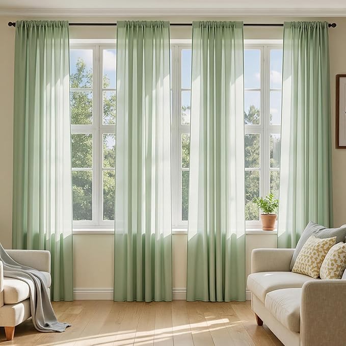 MIULEE Sage Green Sheer Curtains 108 Inches Long 4 Panels 42 x 108 Inches | by MIULEE